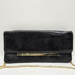 Antonio Melani Black Genuine Leather Evening Formal Clutch With Gold Chain